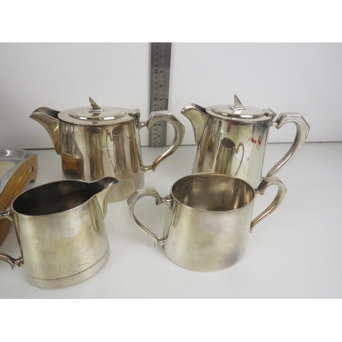 302 - PIQUOT WARE- SUGAR, CREAM, COFFEE POT, TEA POT, TRAY AND ONE OTHER