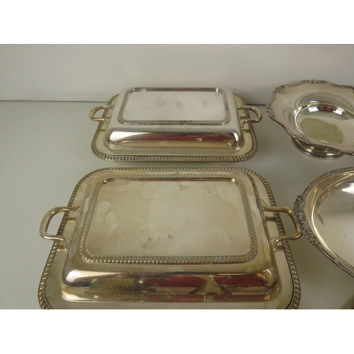 303 - GOOD QUANTITY OF METAL WARE IE- BOWLS, TRAYS, SERVING TRAYS, TANKARD, SUGAR DISHES