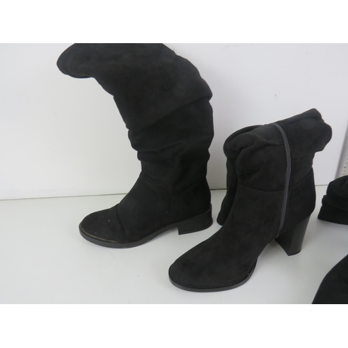 318 - 4 x PAIRS OF BLACK LADIES BOOTS SIZE 5 PLUS HANDBAG