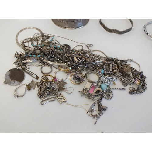 52 - JOBLOT OF JEWELLERY INCLUDES SILVER CHAINS, RINGS, EARRINGS, PENDANTS AND BANGLES- WEIGHT 300G