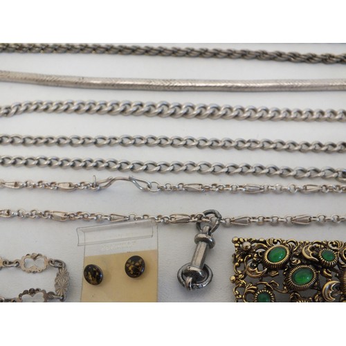 54 - JEWELLERY INCLUDES STERLING SILVER CHAINS, ALBERT CLASP BRACELET, BROOCHES, EARRINGS ETC