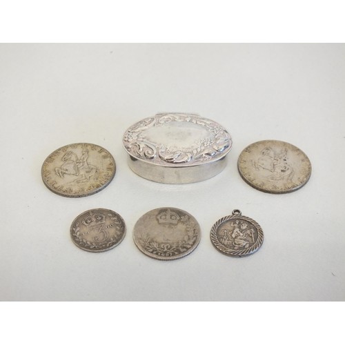 61 - SILVER VICTORIAN COINS, SILVER ST CHRISTOPHER, SILVLER PILL BOX, SILVER AUSTRIA COIN