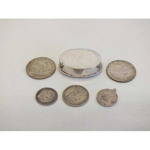 61 - SILVER VICTORIAN COINS, SILVER ST CHRISTOPHER, SILVLER PILL BOX, SILVER AUSTRIA COIN