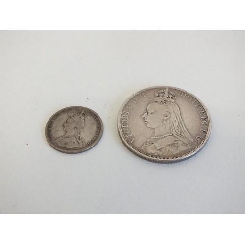 63 - 1889 VICTORIAN SILVER CROWN COIN AND 1887 SHILLING