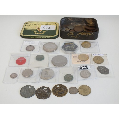 72 - OLD TOBACCO TIN FULL OF VARIOUS TOKENS AND COINS INCLUDING VICTORIA SILVER