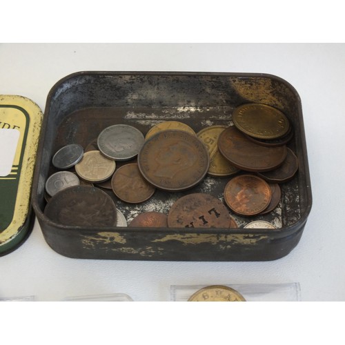 72 - OLD TOBACCO TIN FULL OF VARIOUS TOKENS AND COINS INCLUDING VICTORIA SILVER