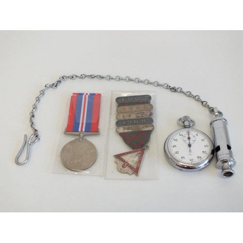 77 - OLD METROPOLITAN POLICE WHISTLE, OLD STOP WATCH AND TWO MEDALS