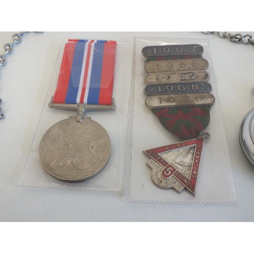 77 - OLD METROPOLITAN POLICE WHISTLE, OLD STOP WATCH AND TWO MEDALS