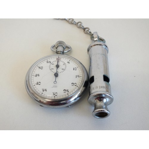 77 - OLD METROPOLITAN POLICE WHISTLE, OLD STOP WATCH AND TWO MEDALS