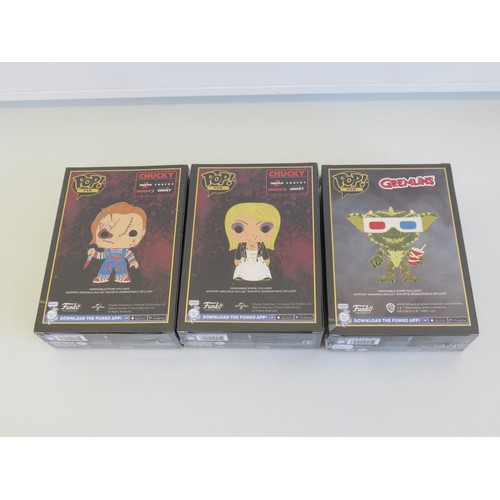 7 - 3 x FUNKO POP LARGE ENAMEL PINS WITH STANDS - GREMLINS STRIPE, CHUCKY TIFFANY & CHUCKY