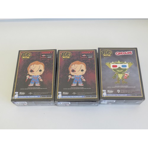 9 - 3 x FUNKO ENAMEL PINS WITH STANDS - GREMLINS STRIPE & 2 CHUCKY