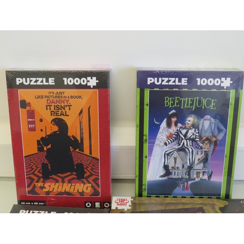 10 - 4 NEW JIGSAW PUZZLES - JAWS, THE SHINING, ANNABELLE COMES HOME, BEETLEJUICE and GHOSTBUSTERS CARD GA... 