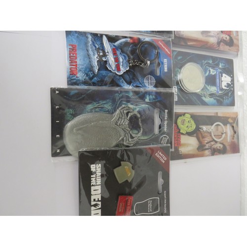 33 - 10 x COLLECTABLE NOVELTY PIN BADGES, COINS & KEYRINGS INCLUDES ALIEN, RAMBO, RESIDENT EVIL and CHAIN... 