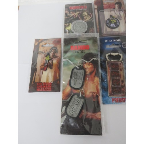 33 - 10 x COLLECTABLE NOVELTY PIN BADGES, COINS & KEYRINGS INCLUDES ALIEN, RAMBO, RESIDENT EVIL and CHAIN... 