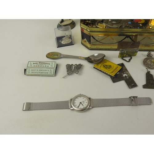 216 - TIN OF MIXED COLLECTABLES INCLUDES WATCHES, MASONIC, BADGES etc