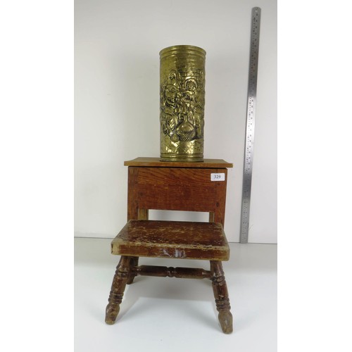 329 - BRASS STICK/UMBERELLA STAND SMALL WOODEN STOOL AND SMALL WOODEN STORAGE SEAT