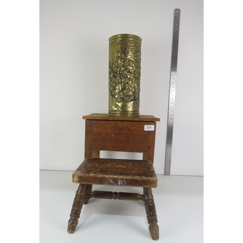 329 - BRASS STICK/UMBERELLA STAND SMALL WOODEN STOOL AND SMALL WOODEN STORAGE SEAT