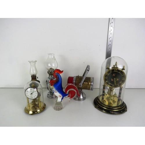 330 - ANNIVERSARY CLOCK WITH GLASS DOME, BRASS MANTEL CLOCK, OIL LAMPS, CAR LIGHT AND MURANO GLASS COCKERA... 