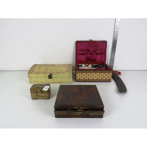 331 - SEWING BOX WITH CONTENTS, GROOMING SET, CHAMPAGNE BOX SET