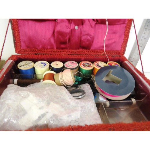 331 - SEWING BOX WITH CONTENTS, GROOMING SET, CHAMPAGNE BOX SET