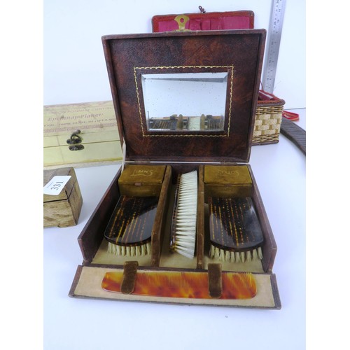 331 - SEWING BOX WITH CONTENTS, GROOMING SET, CHAMPAGNE BOX SET