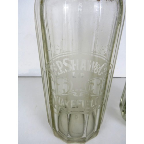 199 - E.P.SHAW OF WAKEFIELD EST 1853 2 x VINTAGE GLASS ETCHES SODA SIPHONS/BOTTLES