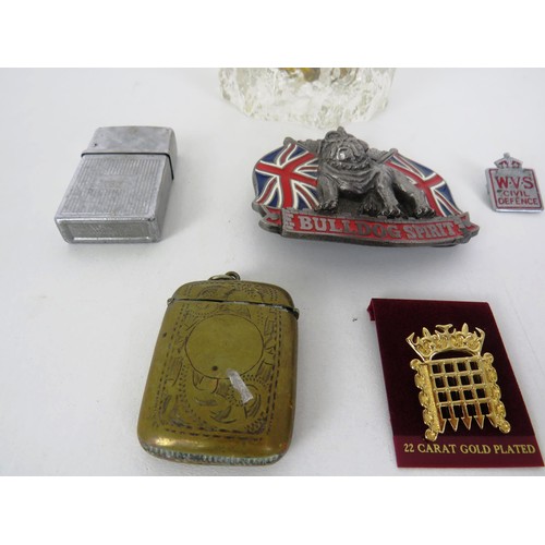 247 - MIXED LOT INCLUDING TWO RARE BADGES, BRITISH BULLDOGS BELT BUCKLE, VESTA, CIGAR LIGHTER, TABLE LIGHT... 