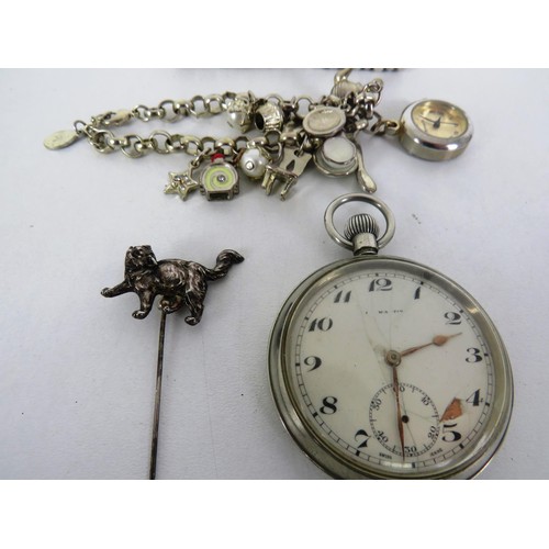 248 - CHARM BRACELETS, POCKET WATCH AND STICK PIN