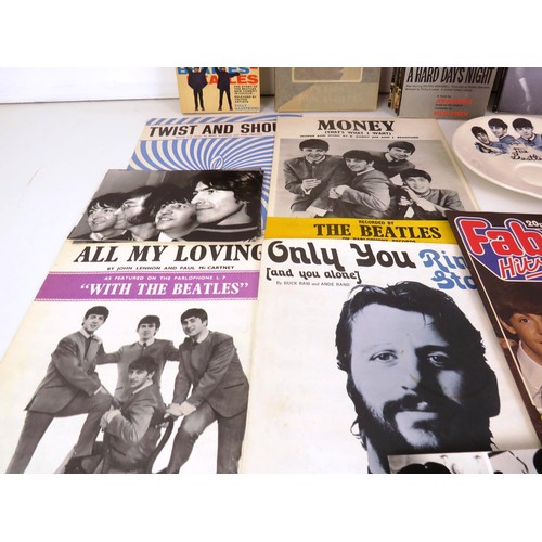 254 - COLLECTION OF BEATLES MEMORABILIA ORIGINAL 2960'S POTTERY, BOOKS, SHEET MUSIC AND OTHER ARTISTS