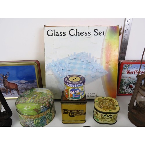 273 - SELECTION OF MISCELLANEOUS INCLUDES GLASS CHESS SET, TILLY LAMP, OLD TINS etc