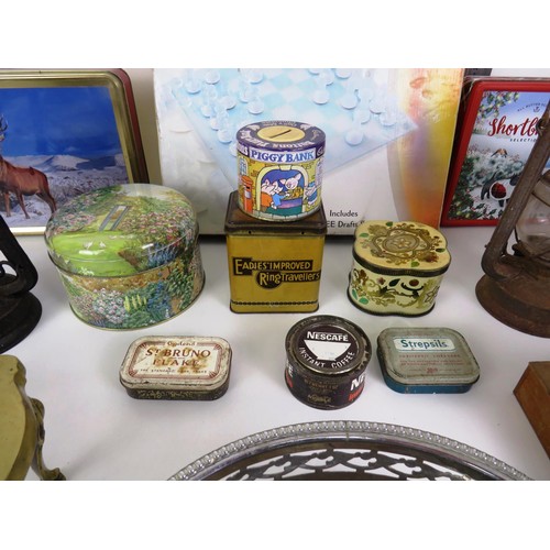 273 - SELECTION OF MISCELLANEOUS INCLUDES GLASS CHESS SET, TILLY LAMP, OLD TINS etc