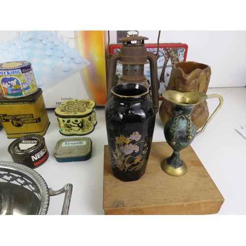 273 - SELECTION OF MISCELLANEOUS INCLUDES GLASS CHESS SET, TILLY LAMP, OLD TINS etc