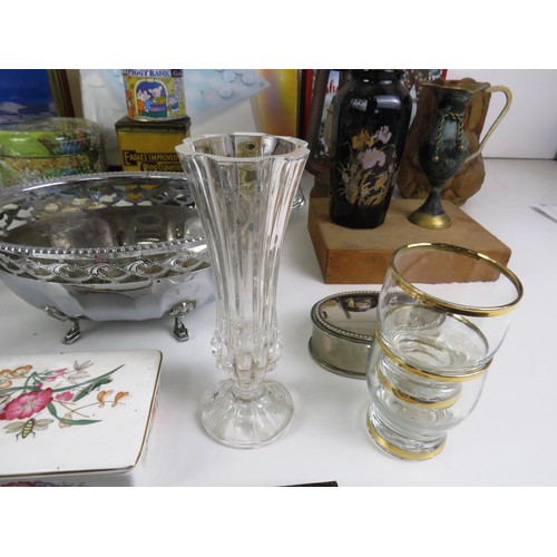 273 - SELECTION OF MISCELLANEOUS INCLUDES GLASS CHESS SET, TILLY LAMP, OLD TINS etc