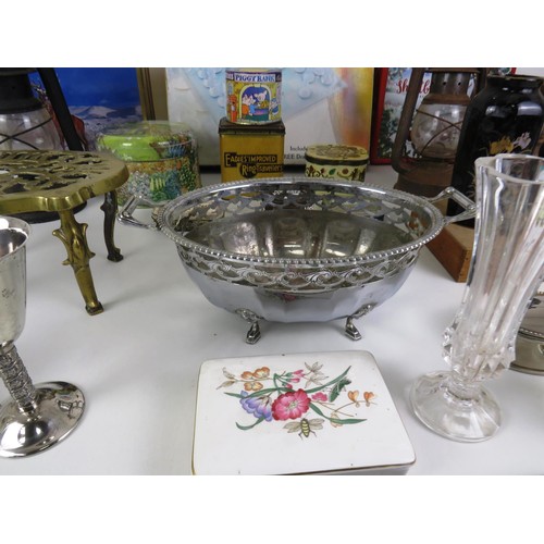 273 - SELECTION OF MISCELLANEOUS INCLUDES GLASS CHESS SET, TILLY LAMP, OLD TINS etc