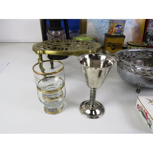 273 - SELECTION OF MISCELLANEOUS INCLUDES GLASS CHESS SET, TILLY LAMP, OLD TINS etc