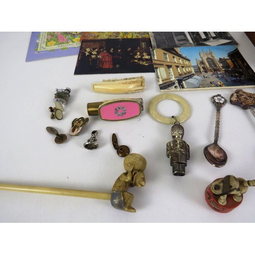 281 - WOODEN BOX OF TRINKETS INCLUDING BRASS ZIPPO LIGHTER AND JUBILEE TIN WITH POSTCARDS AND EPHEMERA