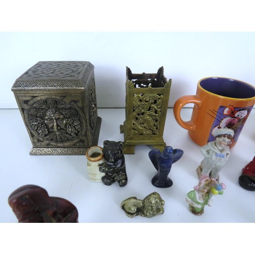 282 - 2 x TRAYS OF COLLECTABLES INCLUDES ORIENTAL FIGURES, TINS AND GEMSTONE ORNAMENTS