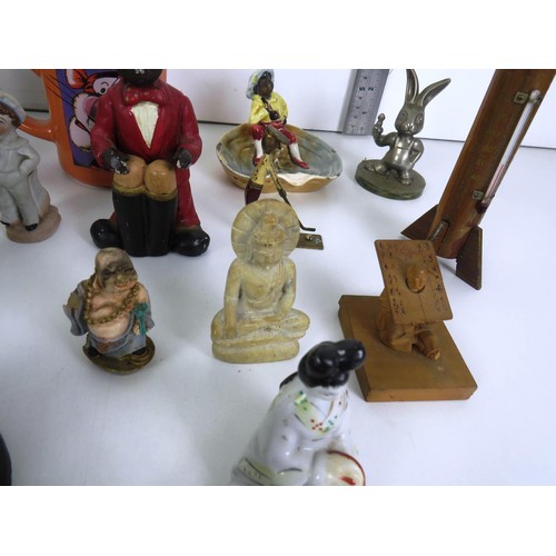 282 - 2 x TRAYS OF COLLECTABLES INCLUDES ORIENTAL FIGURES, TINS AND GEMSTONE ORNAMENTS