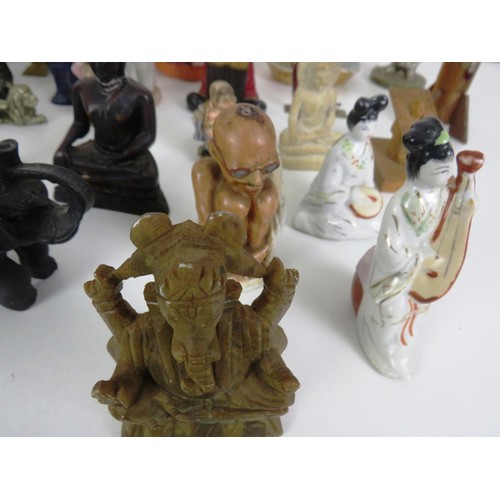 282 - 2 x TRAYS OF COLLECTABLES INCLUDES ORIENTAL FIGURES, TINS AND GEMSTONE ORNAMENTS