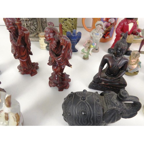 282 - 2 x TRAYS OF COLLECTABLES INCLUDES ORIENTAL FIGURES, TINS AND GEMSTONE ORNAMENTS