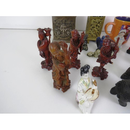 282 - 2 x TRAYS OF COLLECTABLES INCLUDES ORIENTAL FIGURES, TINS AND GEMSTONE ORNAMENTS