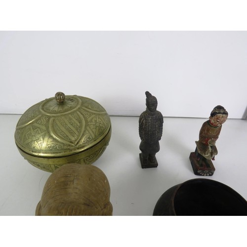 283 - COLLECTABLES INCLUDES LEATHER SADDLE BAG, HEAD SCULPTURE, BIDA BRASS BOX ETC