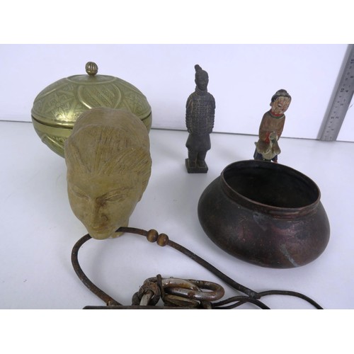 283 - COLLECTABLES INCLUDES LEATHER SADDLE BAG, HEAD SCULPTURE, BIDA BRASS BOX ETC