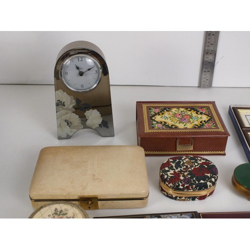 164 - TRAY OF COLLECTABLE ITEMS INCLUDING TRINKET, JEWELERY BOXES, CIGAR CUTTER, PAPIER MACHE BOX, PICTURE... 