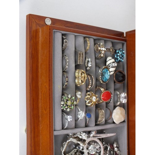 167 - LARGE WOODEN MELE JEWELLERY BOX FULL OF COSTUME JEWELLERY INCLUDING GOLD PLATED ETC