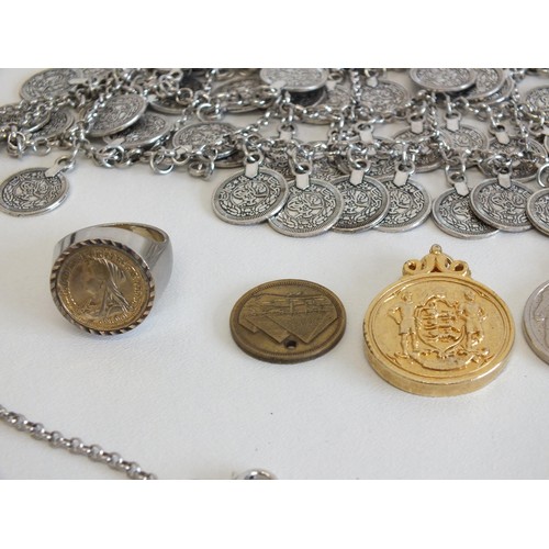 176 - SELECTION OF COIN JEWELLERY INCLUDING 22ct ROLLED GOLD PLATED PENDANT