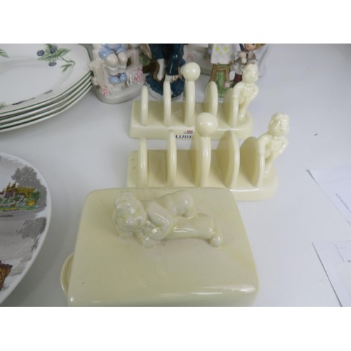 362 - 4 x BOXES OF CERAMICS INCLUDES CAKE STAND, BUTTER DISHES, FIGURES ETC