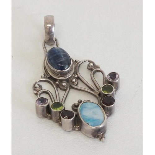 235 - BEAUTIFUL ARTS & CRAFTS DESIGN STERLING SILVER & MULTI GEMSTONE PENDANT - 6.5cms x 3.5cms