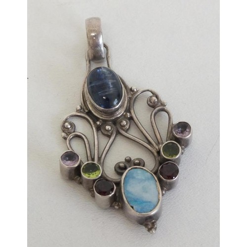 235 - BEAUTIFUL ARTS & CRAFTS DESIGN STERLING SILVER & MULTI GEMSTONE PENDANT - 6.5cms x 3.5cms