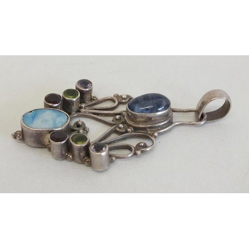 235 - BEAUTIFUL ARTS & CRAFTS DESIGN STERLING SILVER & MULTI GEMSTONE PENDANT - 6.5cms x 3.5cms